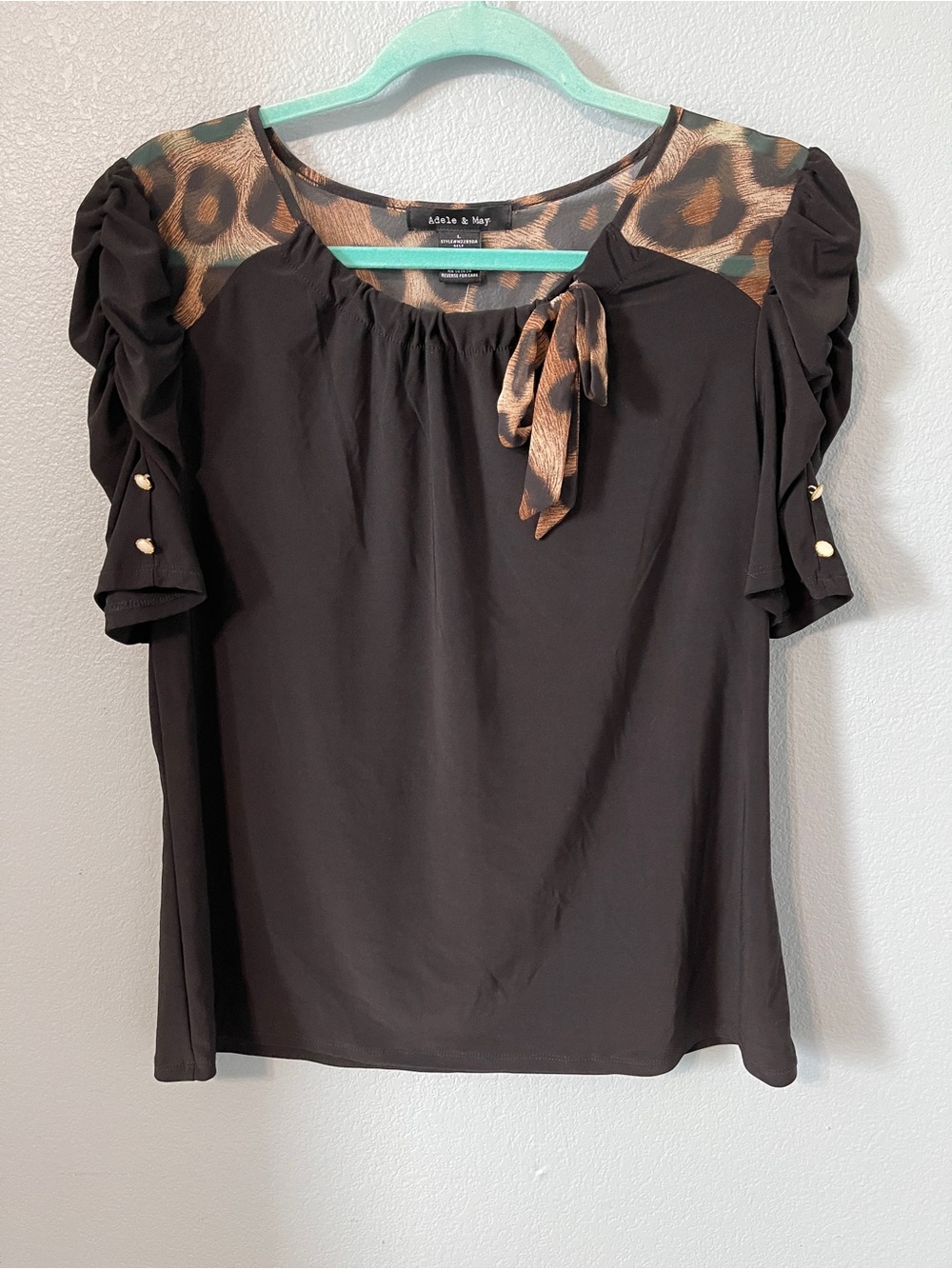 Adele & May Brown Leopard Blouse Sheer Yoke Puff Sleeve Tie Neck Y2K Large